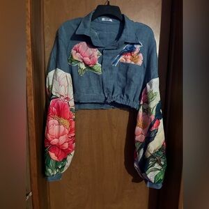Coofandy Cropped Button-Up Jacket with Pink Floral & Bird Puff Sleeves L